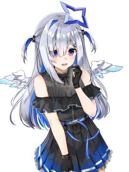 1girl absurdres amane_kanata amane_kanata_(work) angel angel_wings black_dress black_gloves blue_hair colored_inner_hair commentary dress gary_huang gloves grey_hair hair_intakes halo highres hololive looking_at_viewer multicolored_hair official_alternate_costume open_mouth pink_streaks purple_eyes smile solo star_halo streaked_hair symbol-only_commentary two_side_up virtual_youtuber white_background wings