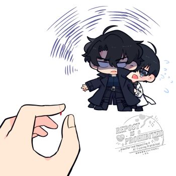 1other 2boys bite_mark bite_mark_on_hand black_coat black_eyes black_hair black_shirt bleeding blood coat collared_shirt commentary double-parted_bangs empty_eyes hair_between_eyes height_difference hiding hiding_behind_another highres kim_dokja kimidori_22 male_focus mini_person miniboy multiple_boys omniscient_reader&#039;s_viewpoint open_clothes open_coat out_of_frame partially_shaded_face popped_collar pov pov_hands reaching reaching_towards_another shirt short_hair symbol-only_commentary tears white_coat worried yoo_joonghyuk