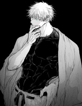 Rule 34 | 1boy, black background, blue eyes, commentary request, compression shirt, covered abs, covered pectorals, gojou satoru, greyscale, hand on another's chin, highres, itadori yuuji, jujutsu kaisen, male focus, monochrome, nay bb, pants, pectorals, short hair, sideburns, simple background, smile, solo, spot color