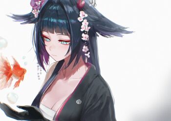 Rule 34 | 1girl, absurdres, arknights, black gloves, black hair, black kimono, blue eyes, blunt bangs, breasts, bubble, chest sarashi, cleavage, commentary request, expressionless, flower, gloves, hair flower, hair intakes, hair ornament, hair wings, highres, japanese clothes, kimono, koi, long hair, long sleeves, looking at animal, medium breasts, mio (arknights), portrait, sarashi, simple background, solo, two-tone kimono, uof, white background, white kimono