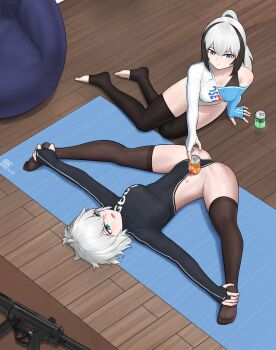 2girls absurdres black_leotard black_thighhighs blue_eyes breasts collarbone gogo_(gogo_23) green_eyes grey_hair groin_tendon highres leotard long_hair measuring medium_breasts multiple_girls original penis_measuring ponytail short_hair single_bare_shoulder skindentation spread_legs stirrup_legwear stretching thighhighs toeless_legwear yoga