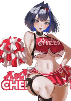 1girl absurdres alternate_costume bandaid_on_stomach bare_shoulders bay_(nikke) bay_(nikke)_(cosplay) black_socks blue_eyes blue_hair blush breasts cheerleader cosplay crop_top crop_top_overhang english_text goddess_of_victory:_nikke hair_intakes hairband hand_on_own_hip highleg highleg_panties highres holding holding_pom_poms hololive hololive_english kneehighs large_breasts looking_at_viewer miniskirt mole mole_on_breast mole_on_stomach navel open_mouth otapic ouro_kronii panties panty_straps pleated_skirt pom_pom_(cheerleading) pom_poms red_skirt short_hair side-tie_panties side-tie_peek sideboob skirt sleeveless smile socks standing standing_on_one_leg string_panties teeth text_background thigh_strap tongue torn_clothes torn_socks underboob underwear virtual_youtuber