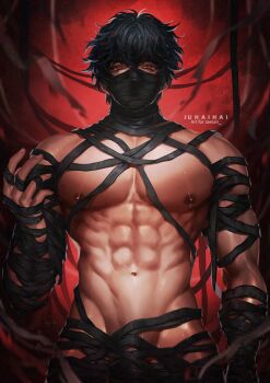1boy abs black_bandages black_hair bound commentary commission covered_mouth english_commentary groin juhaihai large_pectorals male_focus muscular muscular_male navel nipples original pectoral_cleavage pectorals red_background red_eyes ribbon signature solo sweat topless_male zayl_(jae)