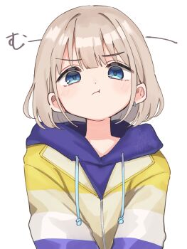 1girl :i :t blue_eyes blush closed_mouth commentary_request drawstring grey_hair highres hood hood_down hoodie idolmaster idolmaster_shiny_colors looking_at_viewer pout serizawa_asahi solo striped_background upper_body v-shaped_eyebrows white_background zundasiba8