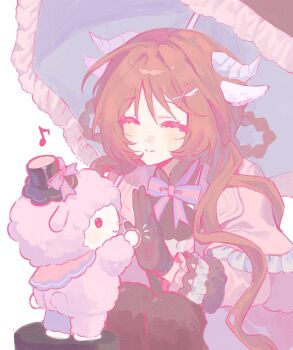 1girl ^_^ animal_ears arknights black_gloves black_pantyhose blush bow bowtie brown_hair closed_eyes closed_mouth creature eighth_note eyjafjalla_(arknights) eyjafjalla_(fluffy_little_witch)_(arknights) frilled_jacket frilled_sleeves frills gloves hat highres horns jacket long_hair long_sleeves mini_hat mini_top_hat musical_note my_sweet_piano om0mg onegai_my_melody pantyhose parasol pink_bow pink_bowtie purple_bow purple_bowtie sanrio sheep_ears sheep_girl sheep_horns smile solo split_mouth top_hat two-tone_bow two-tone_bowtie umbrella white_jacket