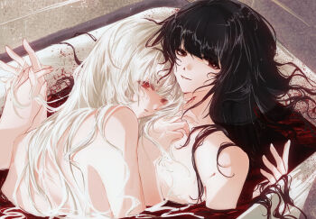 Rule 34 | 2girls, alulue1, bath, bath of blood, black hair, blood, blunt bangs, brown eyes, commentary request, fujiwara no mokou, highres, hime cut, holding hands, houraisan kaguya, interlocked fingers, long hair, looking at viewer, lying on person, multiple girls, nude, parted lips, red eyes, shared bathing, smile, touhou, white hair, yuri