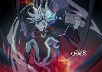 2boys alternate_form atltax_00 back-to-back belt black_bodysuit black_hair black_jacket black_pants bodysuit cable colored_bangs digital_dissolve dual_persona colored_bangs english_text facing_away facing_viewer fujiki_yusaku grey_belt grey_eyes hand_up highres hologram holographic_interface holographic_touchscreen jacket light_rays looking_at_object looking_at_viewer male_focus mechanization multiple_boys open_clothes open_jacket outstretched_arm pants partially_colored playmaker_(yu-gi-oh!) popped_collar red_hair red_light spiked_hair technology user_interface virtual_reality wind wire yellow_trim yu-gi-oh! yu-gi-oh!_vrains