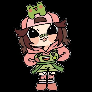 1girl animal animal_on_head animal_print animated animated_gif arms_behind_back backwards_hat bandaid bandaid_on_face bandaid_on_nose baseball_cap bethy black_eyes blinking blush breasts brown_hair chibi commentary commission english_commentary frog frog_print full_body green_overalls hat highres hood hood_down hoodie indie_virtual_youtuber knee_pads lips looking_at_viewer medium_hair on_head overalls pink_hat pink_hoodie pink_shoes pink_socks second-party_source shoes smile socks solo tarobee-chan tomboy transparent_background virtual_youtuber