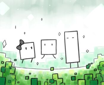 1girl aquabluu bow boxboy! closed_eyes commentary_request cubism green_bow green_theme jumping looking_at_viewer no_humans qbby qucy qudy standing