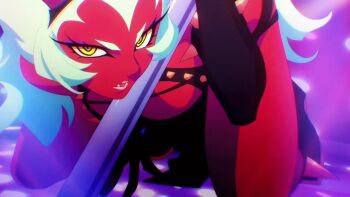 1girl animated animated_gif anime_screenshot black_collar black_tiara bra breasts collar colored_skin demon demon_girl demon_horns elbow_gloves gloves green_hair grin horns large_breasts long_hair looking_at_viewer panty_&amp;_stocking_with_garterbelt pole pole_dancing red_skin scanty_(psg) sharp_teeth sile smile spiked_bra spiked_collar spiked_gloves spikes stripper_pole teeth thighs tiara underwear