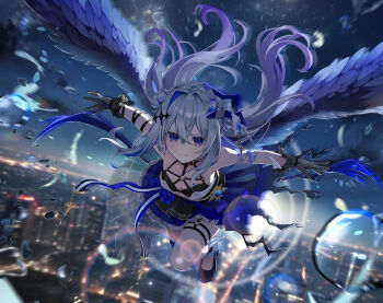 1girl amane_kanata amane_kanata_(another_world) arm_strap bandaged_arm bandages black_bra black_collar black_gloves black_shoes black_skirt blue_hair blue_halo blue_skirt blue_thighhighs blue_wings bra chest_harness cityscape closed_mouth collar colored_inner_hair commentary double_bun english_commentary feathered_wings floating_hair flying full_body gloves gradient_hair grey_hair hair_bun halo harness high_heels highres hololive layered_skirt lens_flare long_hair looking_at_viewer miniskirt multicolored_hair o-ring o-ring_harness o-ring_thigh_strap official_alternate_costume official_alternate_hairstyle outdoors pepamaro pumps purple_eyes purple_hair shoes single_hair_intake single_thighhigh skirt sky smile solo star_halo thigh_strap thighhighs torn_clothes torn_skirt underwear virtual_youtuber wings