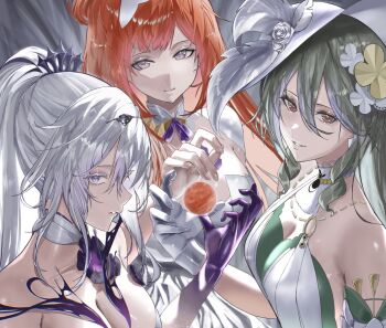 Rule 34 | 3girls, blush, breasts, cleavage, commentary, dress, gloves, grey hair, high ponytail, highres, honkai (series), honkai impact 3rd, kiana kaslana, kiana kaslana (herrscher of finality), large breasts, long hair, looking at viewer, medium breasts, multiple girls, orange hair, parted lips, planet, ponytail, purple eyes, purple hands, senadina, senadina (cocoon of unwoven), symbol-only commentary, tiara, very long hair, vespar4, vita (honkai impact), white dress, white gloves, white hair