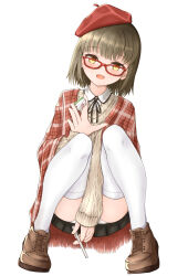Rule 34 | 1girl, arm between legs, beret, black skirt, blush, brown footwear, brown sweater, commentary request, flat chest, full body, glasses, hat, highres, holding, holding mahjong tile, holding tenbou, jacket, light brown hair, looking at viewer, mahjong, mahjong soul, mahjong tile, medium bangs, miniskirt, mizusaki (kn27), ninomiya hana, open mouth, panties, plaid, plaid jacket, pleated skirt, red-framed eyewear, red hat, red jacket, shirt, shoes, short hair, simple background, skirt, smile, solo, squatting, sweater, tenbou, thighhighs, underwear, white background, white panties, white shirt, white thighhighs, yellow eyes