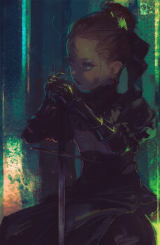 Rule 34 | 1=2, 1girl, black dress, breast cutout, brown hair, commentary, commentary request, dress, earrings, english commentary, feder, flat chest, gauntlets, hair bun, hands on hilt, highres, jewelry, juliet sleeves, long sleeves, looking to the side, nipples, original, puffy sleeves, purple eyes, solo, sweat, sword, torn clothes, weapon