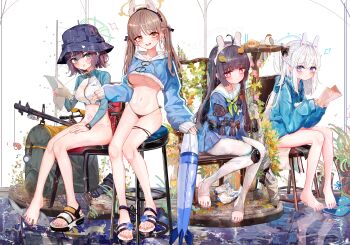 4girls :< a1u absurdres ahoge animal_ear_hairband animal_ears bare_legs barefoot bikini bird black_bikini black_bow black_hair blue_archive blue_eyes blue_halo blue_hat blue_hoodie blue_jacket blue_nails blue_shirt blue_skirt blush bolt_action bottomless bow braid breasts brown_eyes brown_hair bucket_hat chair closed_mouth commentary cropped_hoodie cropped_jacket dirty dirty_clothes earrings fake_animal_ears feet full_body green_halo green_neckerchief gun hairband half_up_braid halo hat headgear highres holding holding_paper hood hood_down hoodie jacket jewelry knee_pads lahti-saloranta_m/26 large_breasts leaf leaf_on_head light_machine_gun long_hair long_sleeves looking_at_viewer machine_gun medium_breasts miniskirt miyako_(blue_archive) miyako_(young)_(blue_archive) miyu_(blue_archive) moe_(blue_archive) moe_(swimsuit)_(blue_archive) mosin-nagant multiple_girls nail_polish navel neckerchief official_alternate_costume on_chair one_side_up open_mouth orange_nails pantyhose paper pleated_skirt purple_eyes purple_hair purple_nails rabbit_ear_hairband rabbit_ears raglan_sleeves red_eyes revision rifle sailor_collar sailor_shirt saki_(blue_archive) saki_(swimsuit)_(blue_archive) sandals school_uniform shirt shoes short_hair side-tie_bikini_bottom single_bare_foot single_knee_pad sitting skirt sleeves_past_wrists slippers swimsuit toenail_polish toenails toes twintails underboob unworn_slippers weapon white_halo white_pantyhose white_sailor_collar yellow_halo