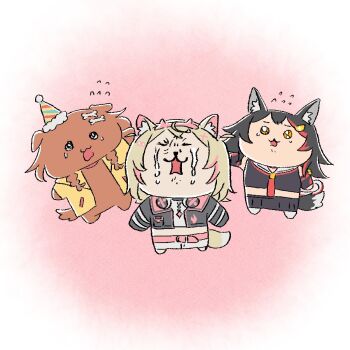 3girls :3 animal_collar animal_ear_fluff animal_ears bandaid bandaid_hair_ornament belt black_hair black_jacket black_skirt blonde_hair bone_hair_ornament chibi chibi_only closed_eyes collar commentary_request crying dog_ears dog_girl dog_tail facing_viewer fake_horns full_body hair_ornament hairclip headphones headphones_around_neck hololive hololive_english horns inugami_korone inugami_korone_(dog) jacket long_hair mococo_abyssgard multicolored_hair multiple_girls neckerchief ookami_mio ookami_mio_(1st_costume) open_mouth pink_belt red_neckerchief red_streaks shirt short_hair shorts skirt streaked_hair sukezou1295521 tail two-tone_hair virtual_youtuber white_shirt white_shorts wolf_ears wolf_girl wolf_tail x_hair_ornament yellow_eyes