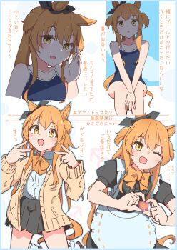 1girl absurdres animal_ears blush bow breasts brown_ribbon ear_bow ear_ribbon hair_between_eyes highres horse_ears horse_girl horse_tail jacket long_hair long_sleeves looking_at_viewer maid mayano_top_gun_(umamusume) open_mouth orange_eyes orange_hair orange_tail ribbon shirt simple_background smile swimsuit tail tokiame_zuke two_side_up umamusume white_background