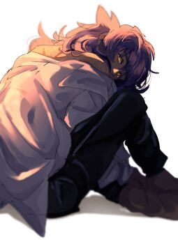 1boy bare_shoulders black_pants commentary english_commentary highres leon_(pokemon) long_hair male_focus nintendo pants pokemon pokemon_swsh purple_hair shirt sitting solo waxcandie white_background white_shirt yellow_eyes