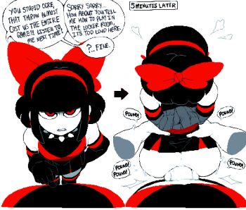 2boys anal androgynous annoyed ass bdsm black_hair choker crossdressing crossdressing_(mtf) dizzyspells english_text from_above instant_loss looking_at_viewer looking_up multiple_boys original pov red_eyes ribbon scythe_(dizzyspells) sex sex_from_behind skirt standing standing_sex trap waist_grab yaoi