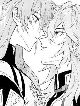 2boys closed_mouth colored_skin commentary english_commentary eyelashes green_hair greyscale hair_between_eyes hashtag-only_commentary height_difference highres honkai:_star_rail honkai_(series) jing_yuan ll8989991935001 long_hair looking_at_another luocha_(honkai:_star_rail) monochrome multiple_boys simple_background symbol-only_commentary teeth white_background white_skin yellow_eyes