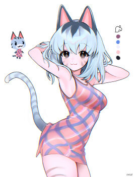 1girl :3 absurdres animal_crossing animal_ears aqua_hair arms_behind_head artist_name bare_arms black_eyes blue_dress breasts bright_pupils cat_ears cat_girl cat_tail closed_mouth commentary_request cowboy_shot dress hair_between_eyes haze_(7h4ze) highres lolly_(animal_crossing) looking_at_viewer medium_breasts medium_hair multicolored_dress nintendo orange_dress reference_inset simple_background sleeveless sleeveless_dress tail tail_raised thighs two-tone_dress white_background white_pupils