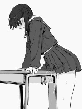 1girl animated animated_gif blush crotch_rub drooling excessive_pussy_juice female_masturbation grey_background greyscale highres long_sleeves looping_animation masturbation monochrome original pussy_juice sakenomi_akane saliva school_uniform serafuku simple_background skirt solo table_humping