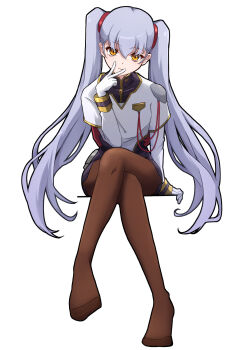 1girl black_collar black_skirt brown_pantyhose collar commentary_request crossed_legs gloves hair_between_eyes hair_tie hand_on_own_face highres hoshino_ruri hoshino_ruri_(captain) invisible_chair kidou_senkan_nadesico_-_prince_of_darkness long_hair long_sleeves looking_at_viewer military_uniform miniskirt no_shoes nostrils pantyhose purple_hair ru-ha shirt side_slit sitting skirt smile solo toe_seam twintails v white_gloves white_shirt yellow_eyes