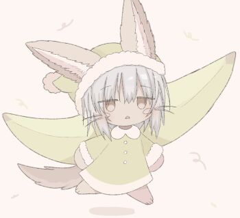 1other animal_ears banana brown_eyes brown_fur buttons chibi chibi_only food fruit fur-trimmed_headwear fur-trimmed_pajamas fur-trimmed_sleeves fur_trim furry hat jitome made_in_abyss mob_face nanachi_(made_in_abyss) narehate nightcap open_mouth pajamas rabbit_ears shadow short_hair simple_background solo tail tatososu triangle_mouth whiskers white_background white_hair yellow_hat yellow_pajamas