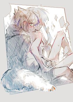 Rule 34 | 2girls, animal ears, bite mark, bite mark on shoulder, bite mark on thigh, black hair, blush, cho kaguya-hime!, clothed female nude female, commentary request, fox ears, fox tail, from side, green eyes, highres, hood, hoodie, implied fingering, long hair, multiple girls, muted color, nude, profile, pussy juice, pussy juice trail, runami yachiyo, sakayori iroha, short hair, sitting, sitting on lap, sitting on person, sketch, sweat, tail, white hair, yuki (uv1dmm7qtt8pnnd), yuri