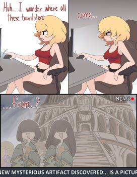 absurdres american_flag_cloak arm_rest black_shorts blonde_hair breasts brown_hair centurii-chan_(character) chair cleavage clenched_teeth commentary computer_keyboard computer_mouse crossed_legs desk english_commentary english_text hair_over_eyes highres matoi_miia midriff mixed-language_commentary monitor multilingual_commentary multiple_girls navel news news_ticker original red_tank_top robe short_hair short_shorts shorts sitting sweatdrop swivel_chair tank_top teeth tower_of_babel watching_television