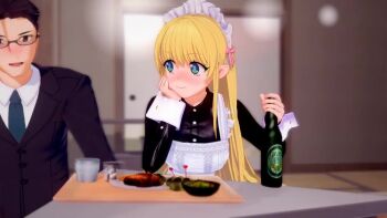 1girl 2boys 3d alcohol animated blonde_hair bottle cum cum_in_pussy fantasy_bishoujo_juniku_ojisan_to happy_sex hongcha03 jinguuji_tsukasa koikatsu_(medium) multiple_boys netorare nipples sex sharp_teeth sound tachibana_hinata_(fantasy_bishoujo) tagme teeth vaginal video