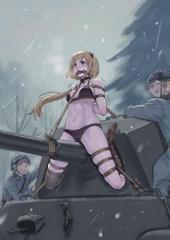 1girl 2boys absurdres arms_behind_back ball_gag bdsm belt black_bra black_socks black_thighhighs blonde_hair bondage bound bra breasts cameltoe combat_helmet fallschirmhelm frogtie gag gagged german_army girls&#039;_frontline helmet highres long_hair m3_(girls&#039;_frontline) medium_breasts military_combat_uniform military_uniform military_vehicle motor_vehicle multiple_boys navel open_mouth outdoors pleated_skirt purple_eyes restrained root001 separated_legs shibari shibari_over_clothes single_sock single_thighhigh skindentation skirt snowing socks soldier stomach tank teeth thighhighs underwear very_long_hair wehrmacht winter