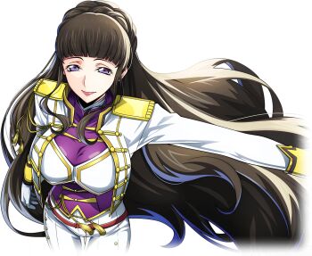 1girl black_hair breasts closed_mouth code_geass code_geass:_lost_stories epaulettes f4samurai gloves jacket large_breasts long_hair marianne_vi_britannia military_jacket military_uniform naval_uniform official_art purple_eyes smile solo white_gloves