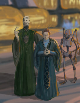 Rule 34 | 2boys, blue robe, darth plagueis, droid, green robe, hand on another's shoulder, highres, long fingers, mask, multiple boys, palpatine, red hair, respirator, robe, sith, star wars, wagizhen