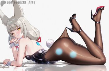 animal_ear_fluff animal_ears ass bare_shoulders black_leotard black_pantyhose breasts fake_tail from_side full_body grey_background grey_hair lace lace_pantyhose lace_pantyhose_hooked_on_heel_(meme) leotard long_hair lying meme nia_(blade)_(xenoblade) nia_(xenoblade) on_stomach pantyhose playboy_bunny rabbit_tail reflection simple_background small_breasts strapless strapless_leotard tail xenoblade_chronicles_(series) xenoblade_chronicles_2 yellow_eyes z-ki