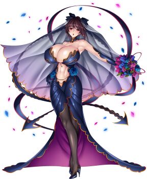 1girl aoi_nagisa_(metalder) backless_dress backless_outfit bare_shoulders black_dress black_footwear black_gloves black_hair black_pantyhose black_wedding_dress blush bouquet breasts bridal_gauntlets bridal_veil bride cameltoe choker cleavage clothing_cutout curvy dress elbow_gloves female_focus flower full_body gloves gold_trim hair_ribbon high_heels highres holding huge_breasts lilith-soft long_dress looking_at_viewer mature_female medium_hair mizuki_shiranui navel navel_cutout official_art pantyhose red_eyes ribbon see-through_clothes shiny_skin skindentation smile solo standing strapless strapless_dress taimanin_(series) taimanin_rpgx taimanin_yukikaze thighhighs transparent_background vambraces veil wedding_dress wide_hips