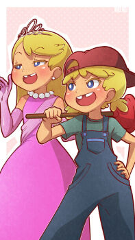 2girls blonde_hair blue_eyes child dress elbow_gloves gloves jewelry lana_loud lola_loud long_hair mike_inel multiple_girls necklace pink_gloves plunger short_twintails siblings smile the_loud_house third-party_source tiara twintails