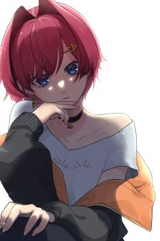 Rule 34 | 1girl, ange katrina, ange katrina (casual), black choker, black jacket, blue eyes, choker, collarbone, commentary request, earrings, gold earrings, hair intakes, hair ornament, hand on own chin, hand on own knee, hand up, head tilt, highres, jacket, jewelry, light particles, long sleeves, looking at viewer, nijisanji, off-shoulder jacket, off shoulder, orange jacket, parted lips, pendant choker, re:sty, red hair, shade, shirt, short hair, short sleeves, simple background, single earring, solo, swept bangs, t-shirt, triangle earrings, triangle hair ornament, twitter username, two-sided fabric, two-sided jacket, upper body, virtual youtuber, white background, white shirt