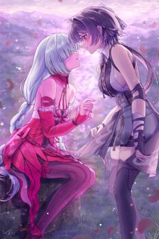 2girls bare_shoulders black_dress black_hair black_pantyhose breasts commentary_request detached_sleeves dress elbow_pads female_rover_(wuthering_waves) from_side grey_hair halter_dress halterneck highres long_hair looking_at_another low_ponytail medium_breasts multiple_girls pantyhose parted_lips petals phrolova_(wuthering_waves) ponytail red_dress red_petals rover_(wuthering_waves) shikuwata sitting sleeveless sleeveless_dress smile thighs wuthering_waves yellow_eyes