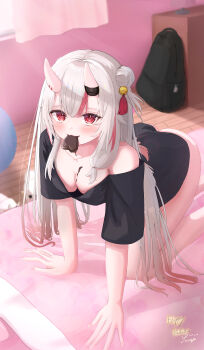 Rule 34 | 1girl, :3, absurdres, all fours, artist name, bed sheet, bell, black shirt, blush, breasts, cleavage, collarbone, commentary request, food in mouth, food on body, food on breasts, hair bell, hair between eyes, hair between horns, hair bun, hair ornament, highres, hololive, horns, indoors, large breasts, long hair, looking at viewer, multicolored hair, nakiri ayame, on bed, oni, poyoyo (nakiri ayame), red eyes, red hair, sasamin, shirt, skin-covered horns, virtual youtuber, white hair