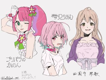3girls ahoge annoyed bad_id bad_twitter_id bare_shoulders blue_hair brown_eyes brown_hair center_frills character_name collar commentary_request cropped_torso earrings flower frills gloves green_eyes grey_background hair_flower hair_intakes hair_ornament hallelujah_001 hand_on_own_head hand_up heart-shaped_lock heart_collar highres idolmaster idolmaster_cinderella_girls jewelry kanon_(pripara) long_hair looking_at_viewer multicolored_hair multiple_girls one_eye_closed open_mouth pill_earrings pink_collar pink_eyes pink_flower pink_hair pretty_series pripara purple_hair saionji_kotoka shirt short_hair short_sleeves side_ponytail simple_background smile streaked_hair t-shirt translation_request two-tone_hair upper_body white_gloves white_shirt yumemi_riamu