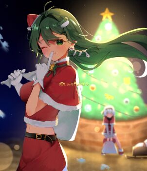 2girls ahoge belt blush capelet christmas_tree commentary dress finger_to_mouth frog_hair_ornament green_eyes green_hair hair_between_eyes hair_ornament hair_tubes hairband hat highres holding holding_sack kochiya_sanae konpaku_youmu long_hair looking_at_viewer loveplum0510 medium_hair midriff_peek multiple_girls navel night one_eye_closed red_capelet red_dress red_shirt red_skirt sack santa_costume santa_dress santa_hat shirt single_hair_tube skirt smile snake_hair_ornament touhou twitter_username white_hair