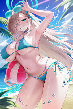 1girl absurdres adjusting_eyewear alternate_costume arm_up armpits asuna_(blue_archive) ball beach beachball bikini blue-tinted_eyewear blue_archive blue_bikini blue_eyes blue_halo blue_nails blue_ribbon breasts brown_hair cleavage commentary_request day eyes_visible_through_hair fingernails grin hair_over_one_eye hair_ribbon halo highres holding holding_ball holding_beachball hwa_sawa large_breasts leaning_forward long_hair looking_at_viewer nail_polish navel o-ring o-ring_bikini o-ring_top outdoors ribbon side-tie_bikini_bottom sideboob simple_bird smile solo stomach sunglasses swimsuit thighs tinted_eyewear underboob very_long_hair water wet
