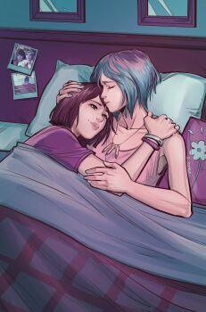 2girls absurdres afterlaughs bedroom blue_hair blue_nails bracelet brown_hair chloe_price closed_eyes highres indoors jewelry life_is_strange_(series) life_is_strange_1 max_caulfield multiple_girls necklace on_bed pillow pink_tank_top polaroid_photo purple_shirt shirt short_sleeves tank_top