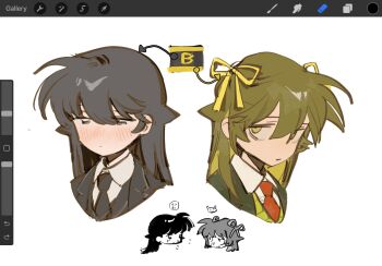 Rule 34 | 2girls, black eyes, black hair, black swan (e.g.o), blush, brown hair, closed mouth, e.g.o (project moon), employee (project moon), hair flaps, hair ribbon, highres, kampuzu, lobotomy corporation, long hair, multiple girls, necktie, nugget (project moon), project moon, red necktie, ribbon, sidelocks, simple background, solemn lament (e.g.o), very long hair, white background, yellow eyes, yellow ribbon