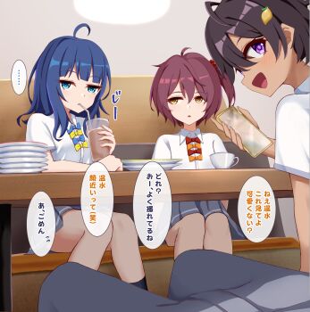 1boy 3girls absurdres black_hair blue_eyes blue_hair blush cafe cellphone dark-skinned_female dark_skin highres iberiko_(soinesitai) komari_chika long_hair looking_at_viewer make_heroine_ga_oo_sugiru! medium_hair multiple_girls nukumizu_kazuhiko open_mouth parted_lips phone purple_eyes red_hair side_ponytail smartphone translated yakishio_lemon yanami_anna yellow_eyes