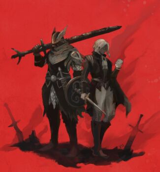 Rule 34 | 1boy, 1girl, arm up, armor, boots, breastplate, brother and sister, brushseven, closed mouth, commentary request, covered eyes, dagger, duchess (elden ring), elden ring, elden ring nightreign, eye mask, full body, gloves, greatsword, greyscale with colored background, hand up, helmet, highres, holding, holding dagger, holding knife, holding shield, holding sword, holding weapon, jacket, knife, mask, pants, pauldrons, planted, planted sword, planted weapon, red background, scarf, shield, short hair, shoulder armor, siblings, standing, surcoat, sword, weapon, winged helmet, wylder (elden ring)