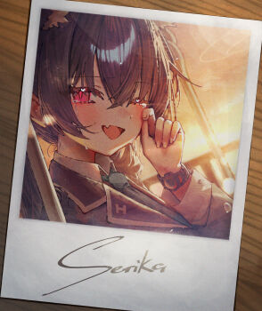 1girl animal_ear_fluff animal_ears betabeet black_hair black_jacket blue_archive blue_necktie blush cat_ears cat_girl collared_shirt extra_ears fang hair_between_eyes highres jacket long_hair looking_at_viewer necktie one_eye_closed open_mouth red_eyes serika_(blue_archive) shirt sidelocks skin_fang solo white_shirt