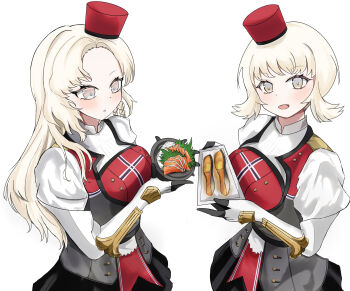 2girls absurdres asymmetrical_hair blonde_hair braid breasts commentary_request eidsvold_(kancolle) food gloves gradient_eyes grey_eyes hat highres holding holding_food howareyou kantai_collection large_breasts long_hair multicolored_eyes multiple_girls norge_(kancolle) red_hat shirt short_hair side_braid very_long_hair white_gloves white_shirt yellow_eyes