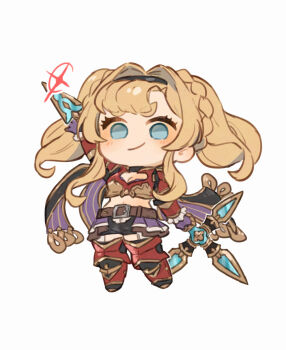 1girl aqua_eyes asymmetrical_bangs belt blonde_hair blush braid breasts chibi chibi_only cleavage full_body granblue_fantasy hair_intakes hibana_(hibana_ztlv) highres holding holding_behind_back holding_weapon leg_armor midriff simple_background skirt solo weapon white_background zeta_(granblue_fantasy)